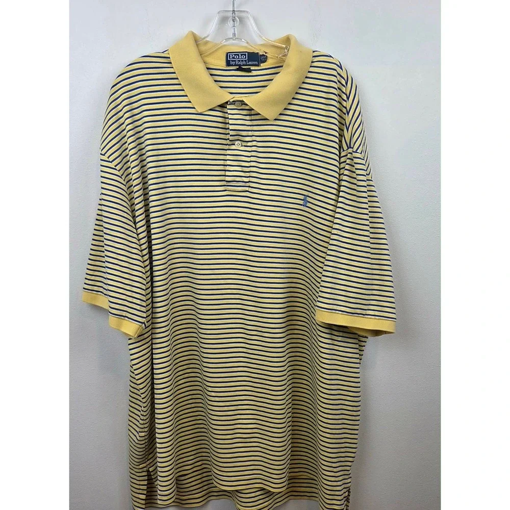 Polo Ralph Lauren Mens 2XLT Tall Polo Shirt Yellow Blue Striped Cotton Pony